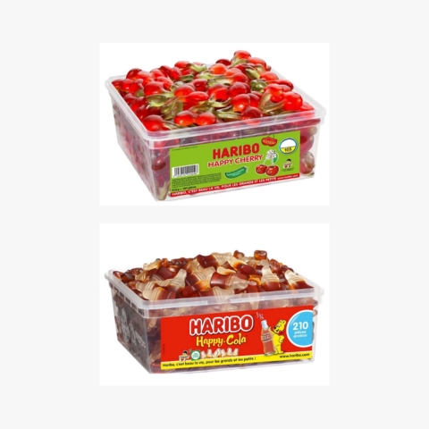 Bouteilles Happy Cola lisses & Cerise Happy Cherry HARIBO - tubo de 210 Lot de 2 - Haribo