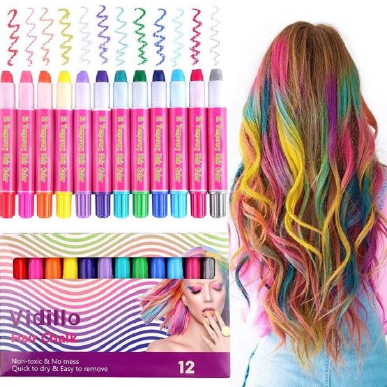 Vidillo Temporary Non-Toxic Hair Chalk Color Set, 12 Colours